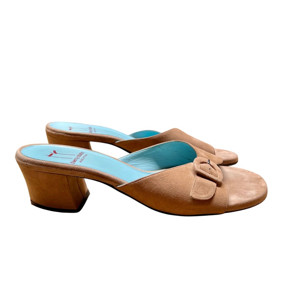 Thierry Rabotin Tan Suede Buckle Block Heel Mule Sandals Made in Italy Size 40